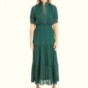 Max Studio Emerald Green Jacquard Polka Dot Maxi Dress with Lace Trim, Size L